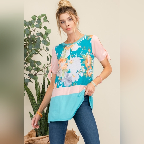 Celeste Full Size Open Tie Sleeve Floral Contrast Top